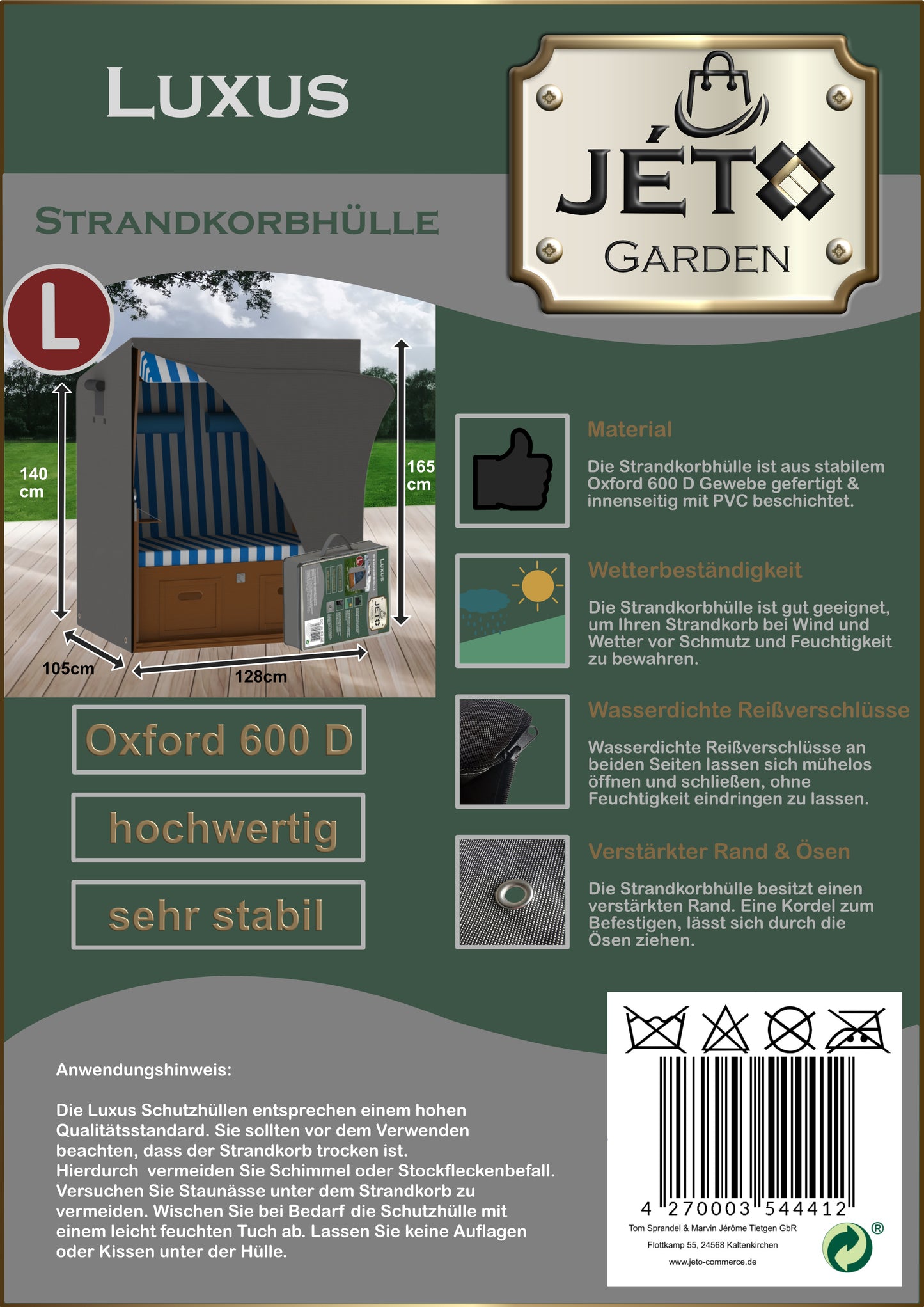 Jéto Strandkorb Schutzhülle Luxus Line - Oxford 600D - für 120cm breit