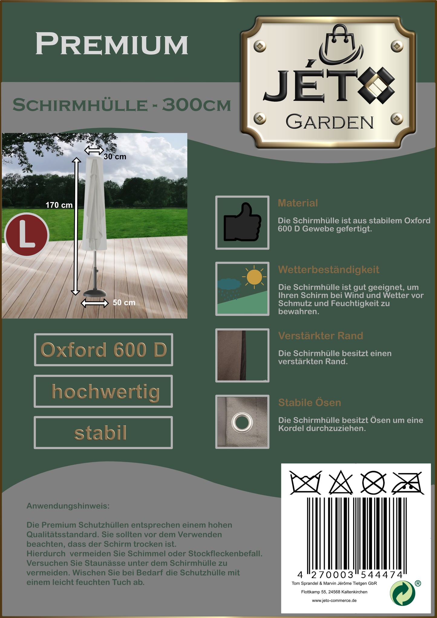 Jéto Sonnenschirm Schutzhülle -Premium Line - für Ø 300 cm - Oxford 600D